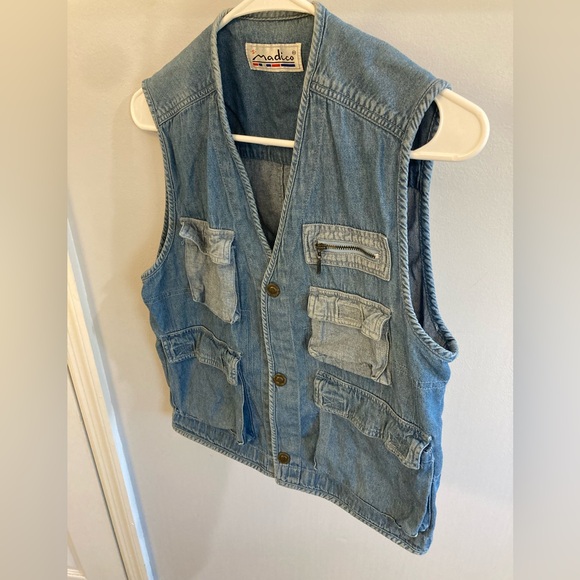 Vintage 90s 100% cotton Madico denim snap front utility vest size small - Picture 2 of 4